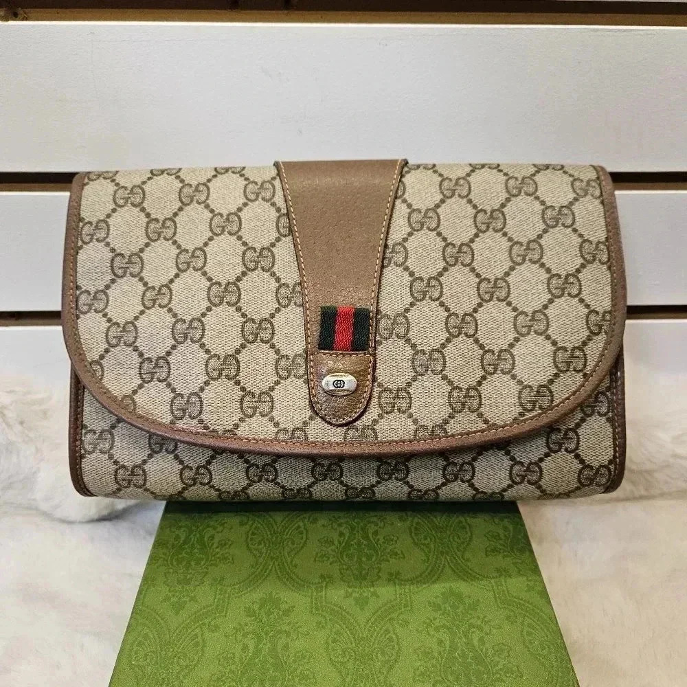 Gucci Brown PVC Monogram  Clutch Bag